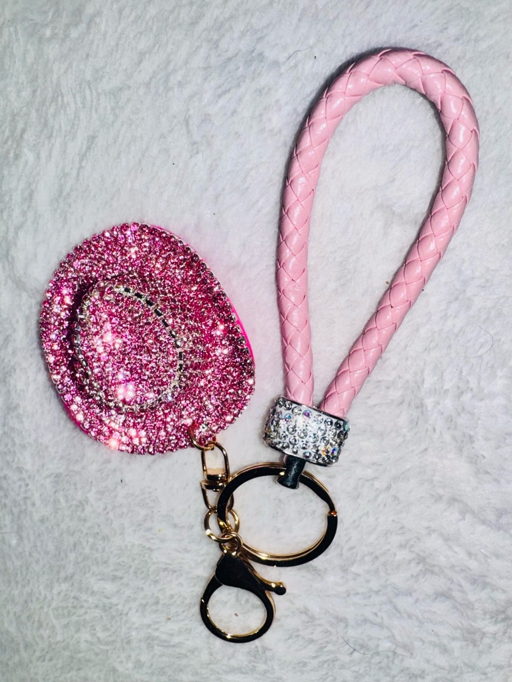 Pink Crystal cowboy Hat Keychain Bagcharm with Wristlet gold tone - New - Picture 3 of 3
